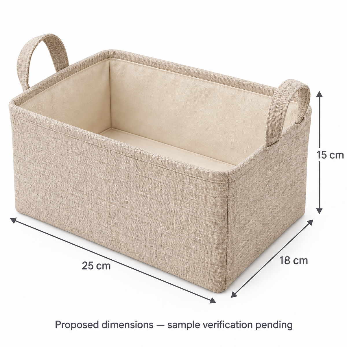 Natural Oat Small Rectangular Fabric Storage Basket showing proposed dimensions