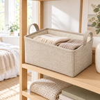 Natural Oat Small Rectangular Fabric Storage Basket in a home storage setting