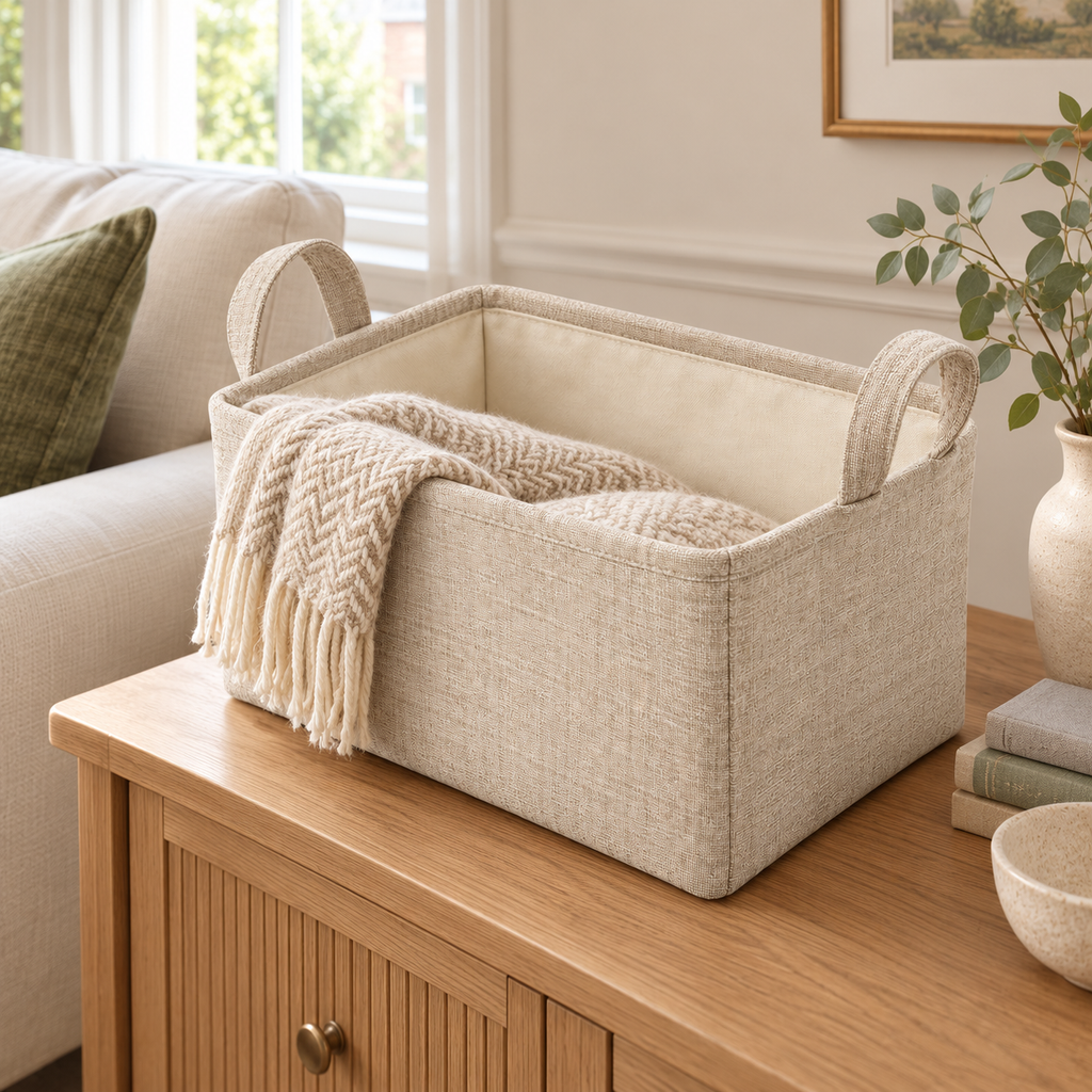 Natural Oat Small Rectangular Fabric Storage Basket in a home storage setting