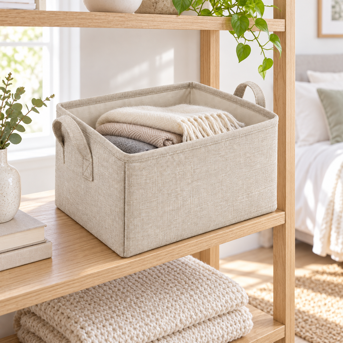 Natural Oat Medium Rectangular Fabric Storage Basket in a home storage setting