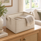 Natural Oat Medium Rectangular Fabric Storage Basket in a home storage setting