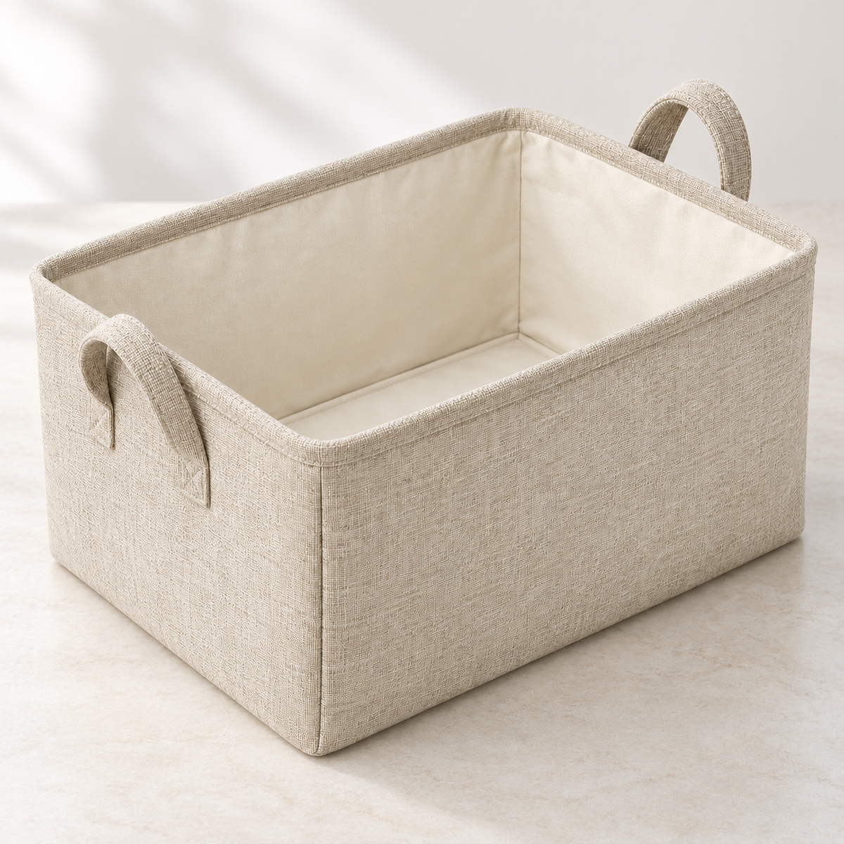 Natural Oat Large Rectangular Fabric Storage Basket showing fabric handles and open interior