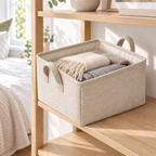 Natural Oat Large Rectangular Fabric Storage Basket in a home storage setting
