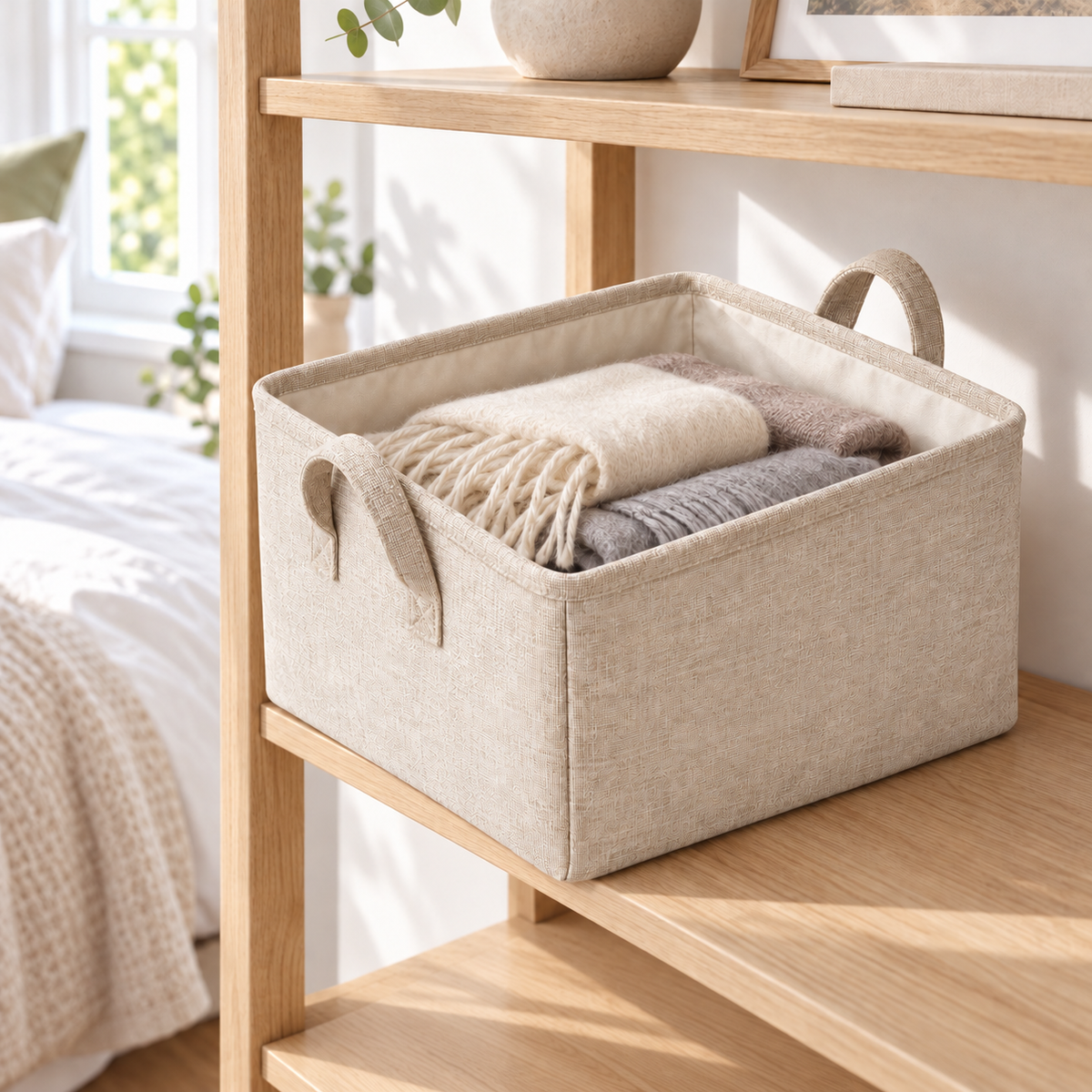 Natural Oat Large Rectangular Fabric Storage Basket in a home storage setting