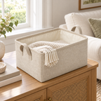 Natural Oat Large Rectangular Fabric Storage Basket in a home storage setting