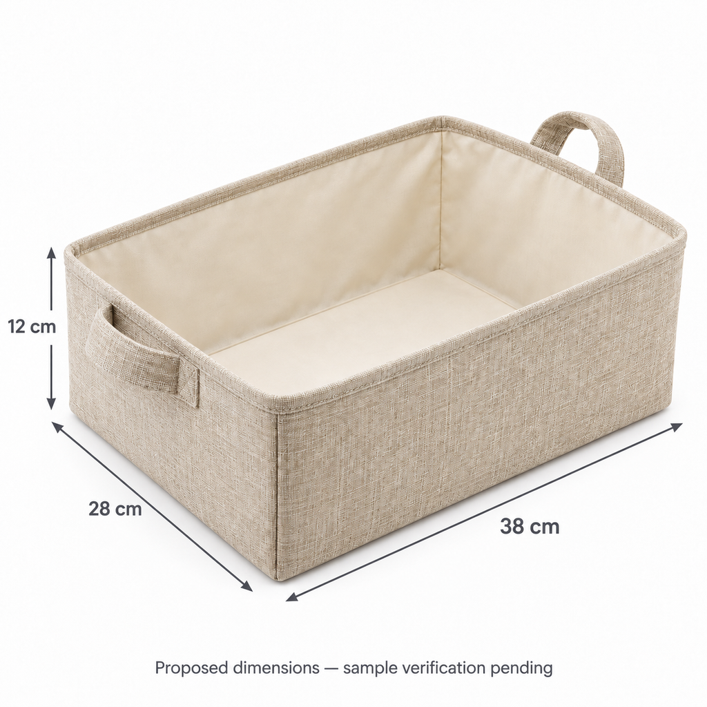 Natural Oat Low Wide Fabric Storage Basket showing proposed dimensions