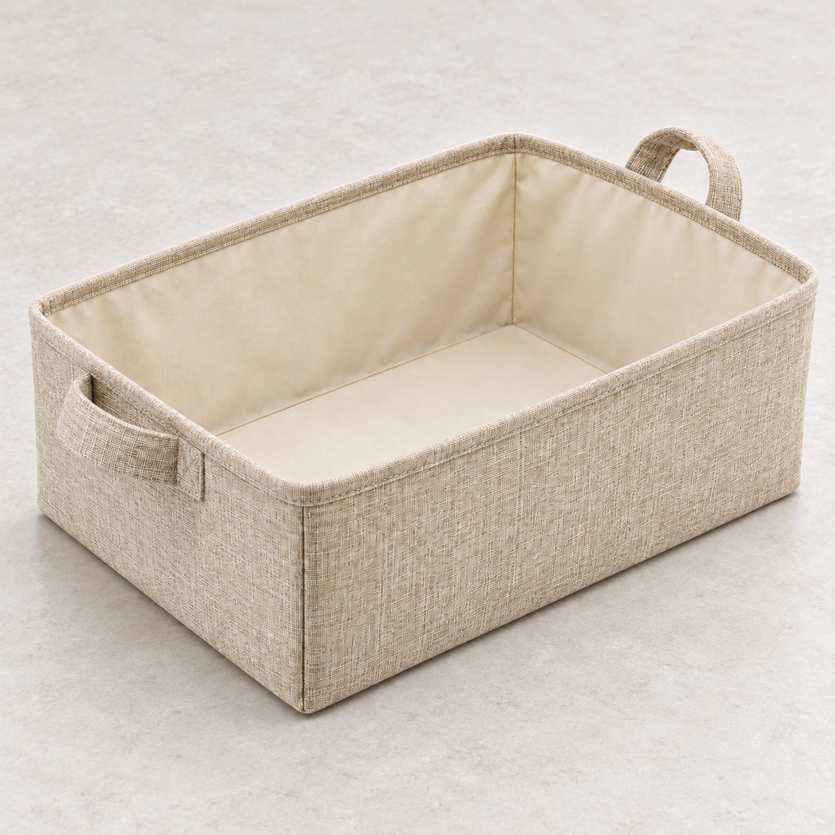 Natural Oat Low Wide Fabric Storage Basket showing fabric handles and open interior