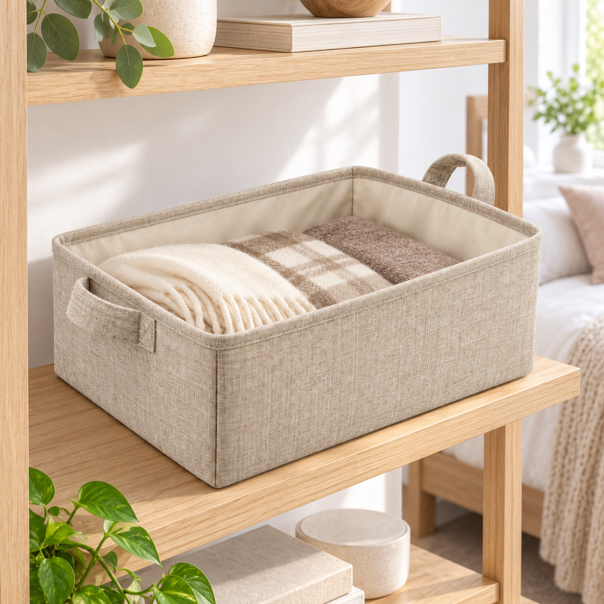 Natural Oat Low Wide Fabric Storage Basket in a home storage setting