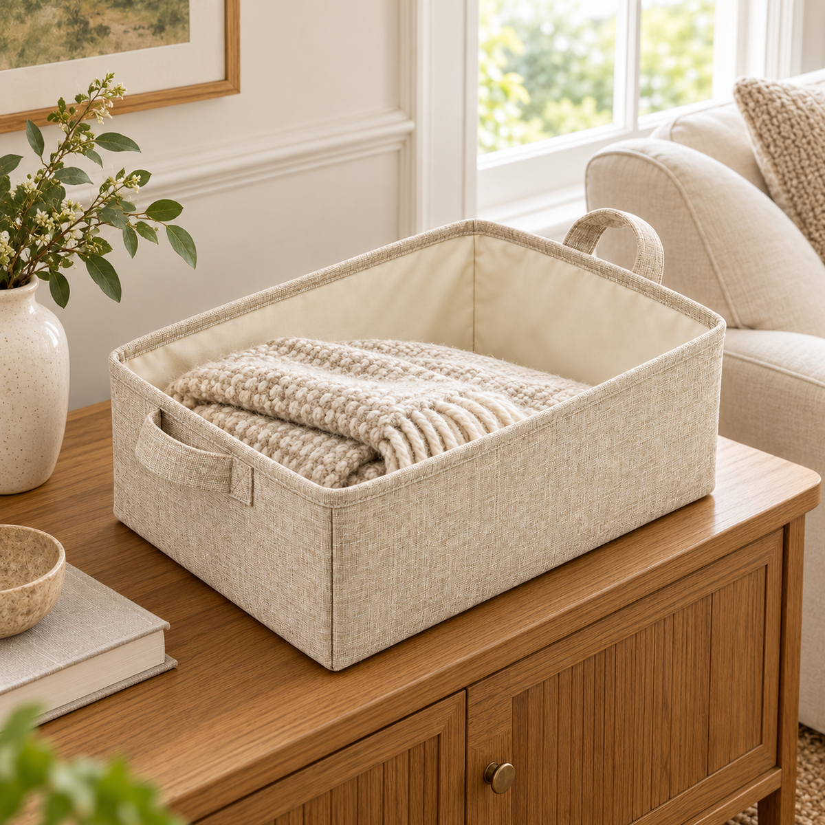 Natural Oat Low Wide Fabric Storage Basket in a home storage setting