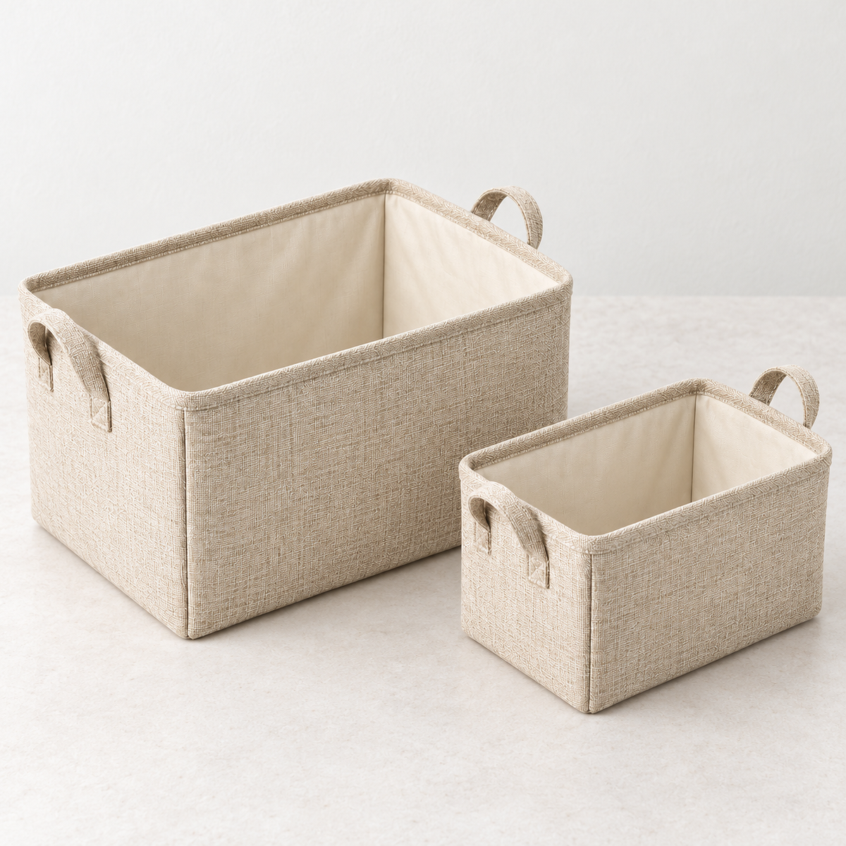 Natural Oat Mixed Size Set Fabric Storage Baskets, 2-Piece Set showing fabric handles and open interior