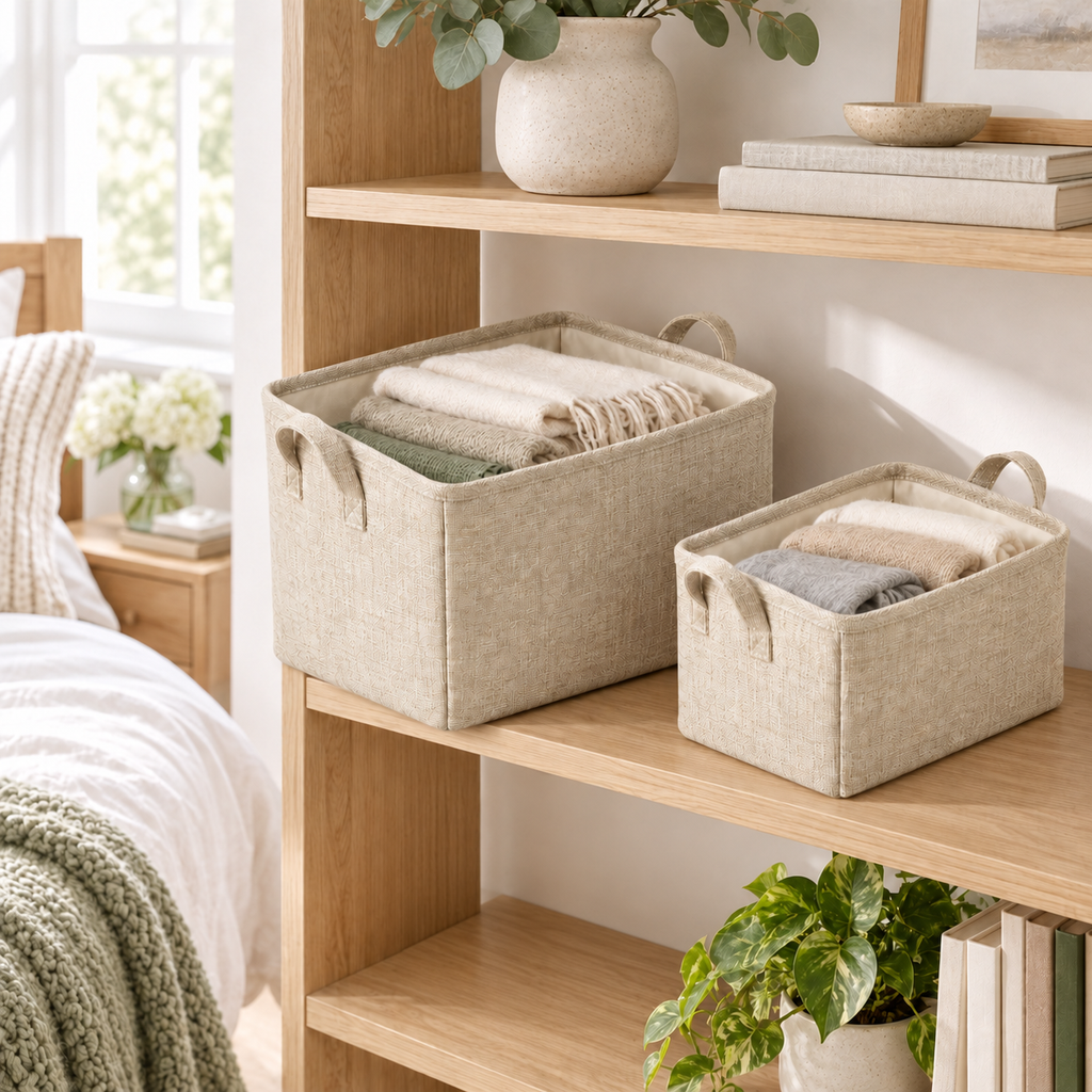 Natural Oat Mixed Size Set Fabric Storage Baskets, 2-Piece Set in a home storage setting