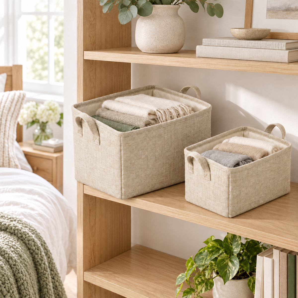 Natural Oat Mixed Size Set Fabric Storage Baskets, 2-Piece Set in a home storage setting
