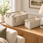 Natural Oat Mixed Size Set Fabric Storage Baskets, 2-Piece Set in a home storage setting