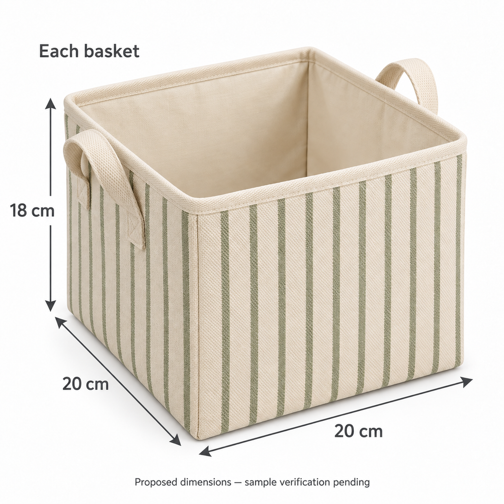 Sage Stripe Small Square Fabric Storage Basket showing proposed dimensions