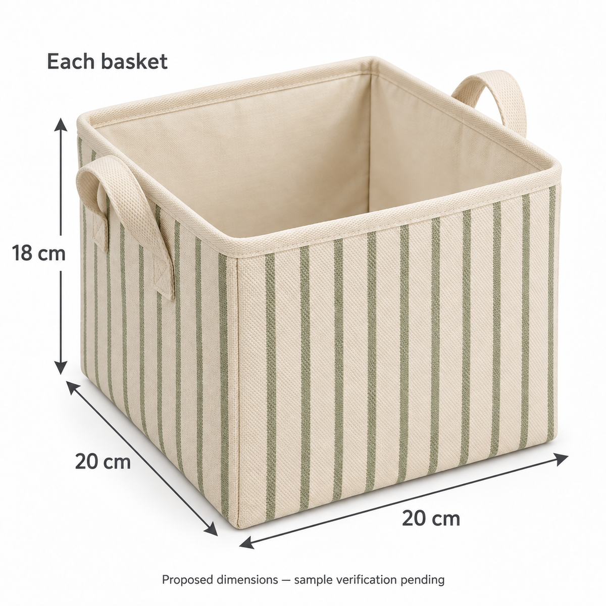 Sage Stripe Small Square Fabric Storage Basket showing proposed dimensions