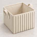 Sage Stripe Small Square Fabric Storage Basket showing fabric handles and open interior