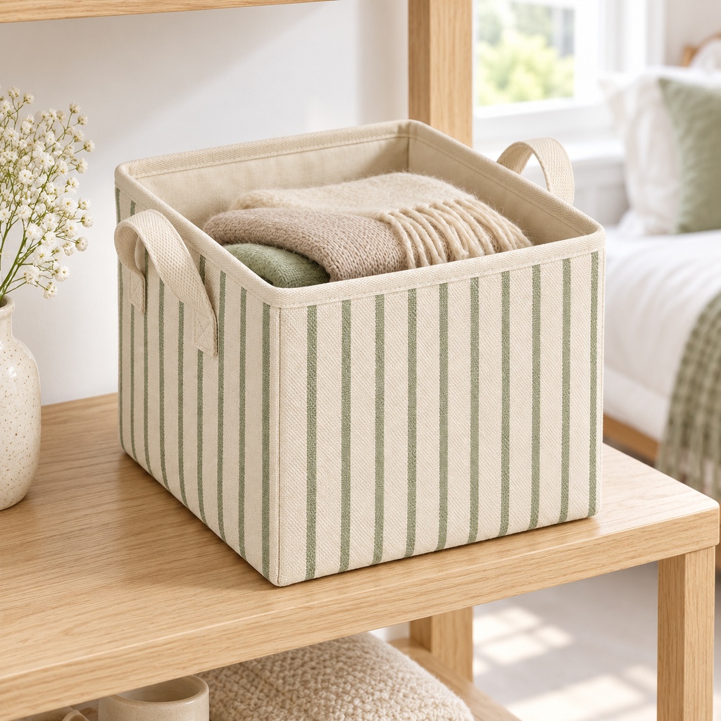 Sage Stripe Small Square Fabric Storage Basket in a home storage setting