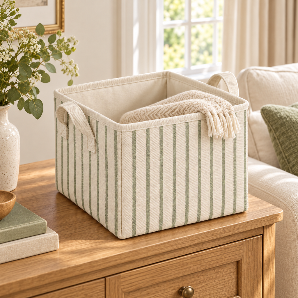 Sage Stripe Small Square Fabric Storage Basket in a home storage setting