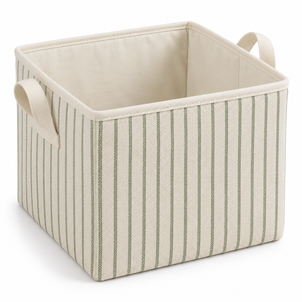 Sage Stripe Medium Square Fabric Storage Basket on a white background