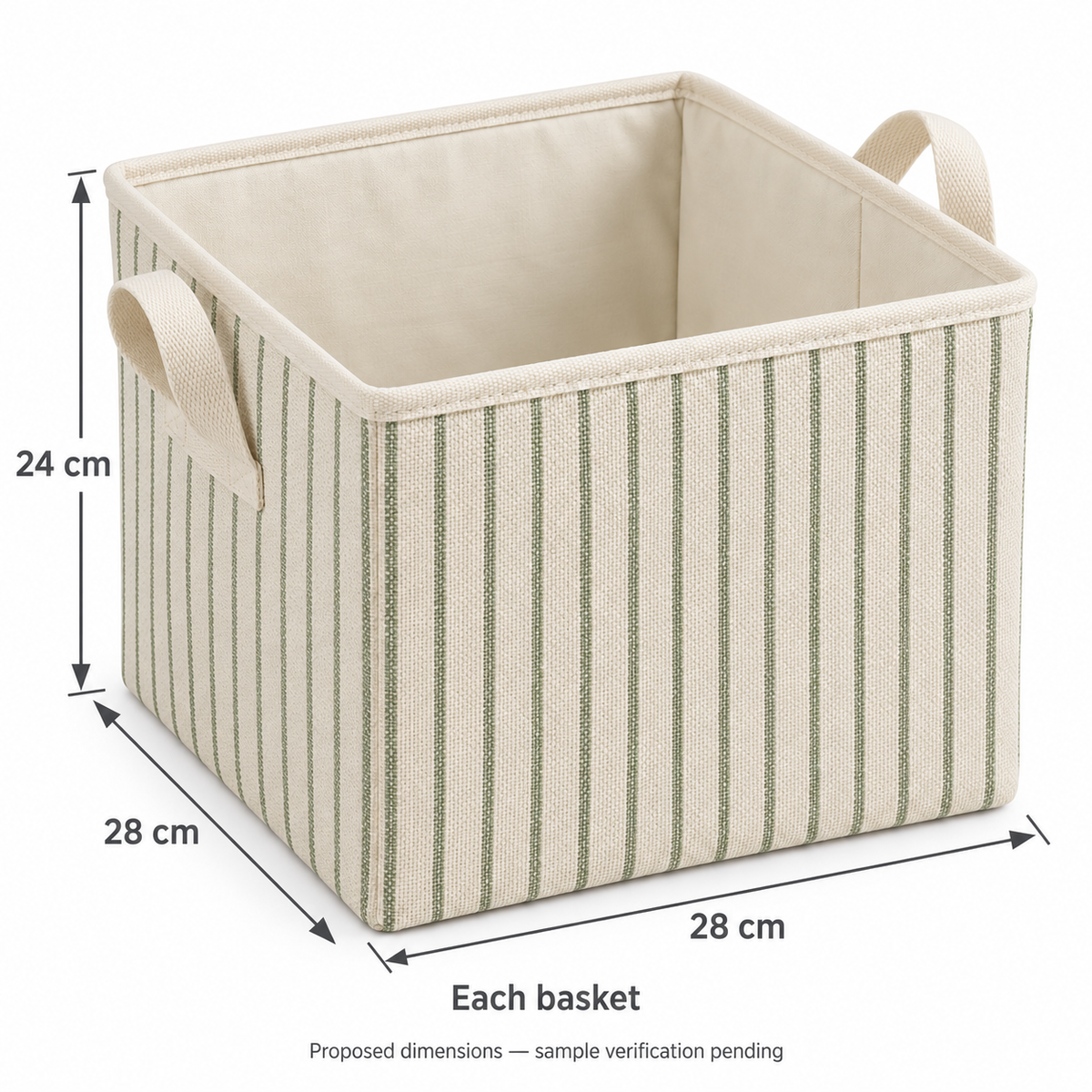Sage Stripe Medium Square Fabric Storage Basket showing proposed dimensions