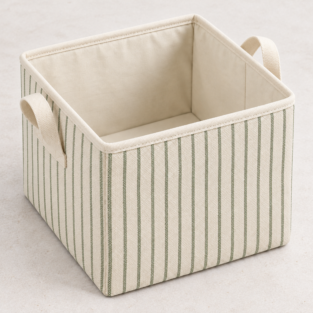Sage Stripe Medium Square Fabric Storage Basket showing fabric handles and open interior