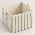 Sage Stripe Medium Square Fabric Storage Basket showing fabric handles and open interior