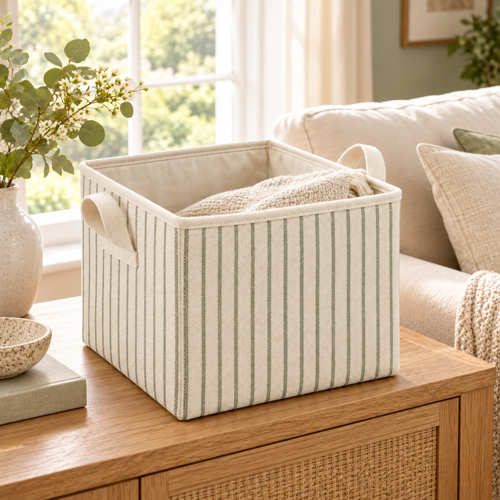 Sage Stripe Medium Square Fabric Storage Basket in a home storage setting