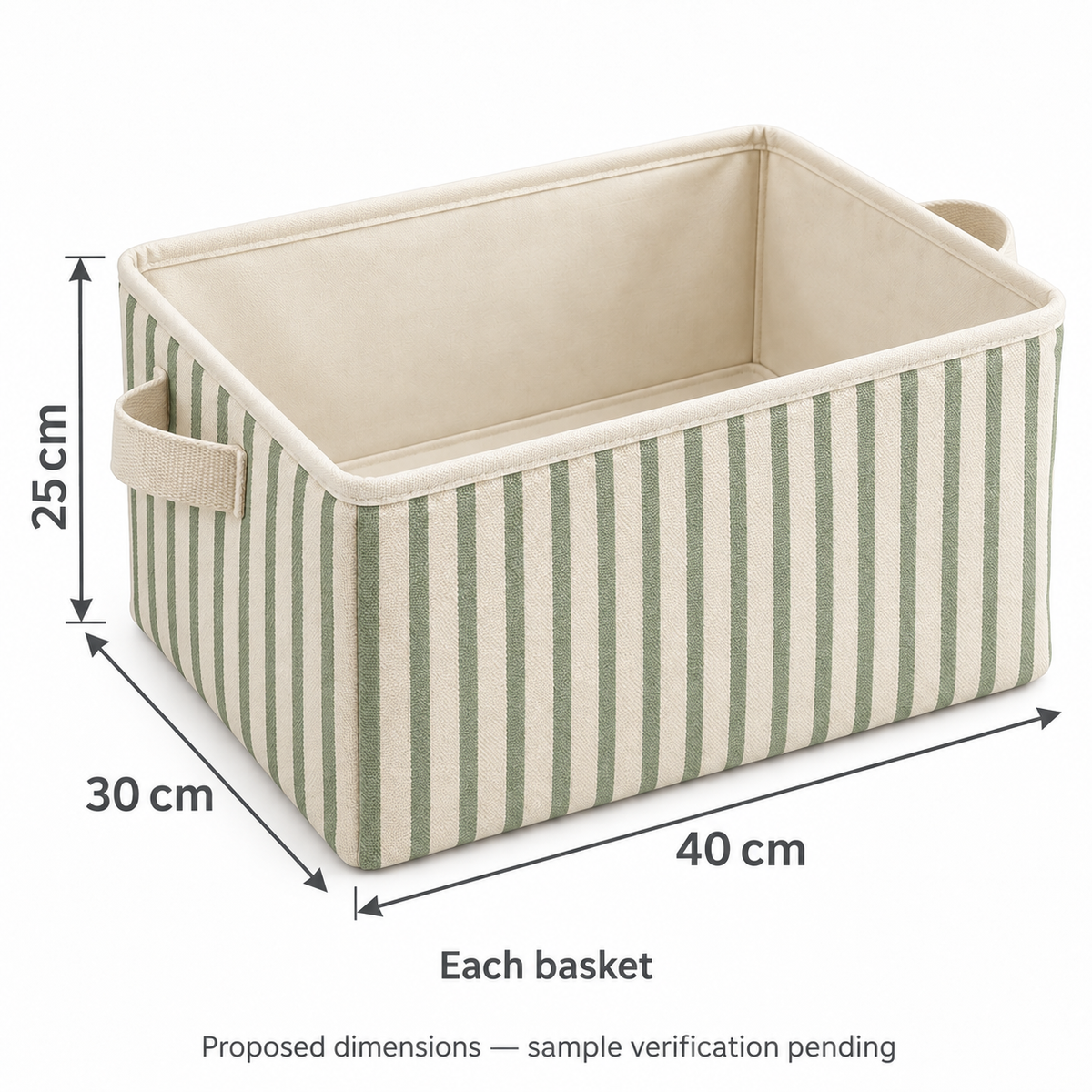Sage Stripe Large Rectangular Fabric Storage Basket showing proposed dimensions