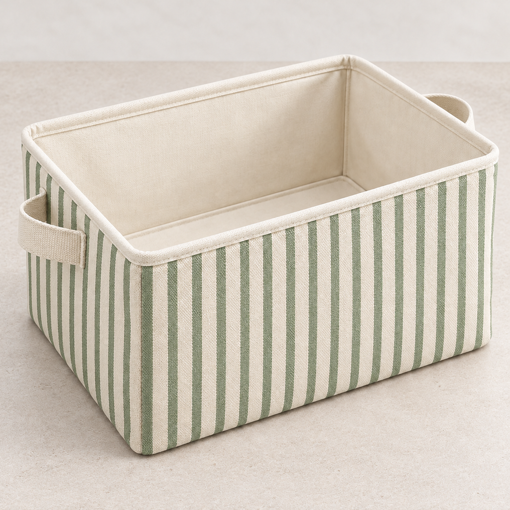 Sage Stripe Large Rectangular Fabric Storage Basket showing fabric handles and open interior