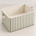 Sage Stripe Large Rectangular Fabric Storage Basket showing fabric handles and open interior