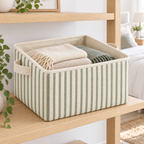 Sage Stripe Large Rectangular Fabric Storage Basket in a home storage setting
