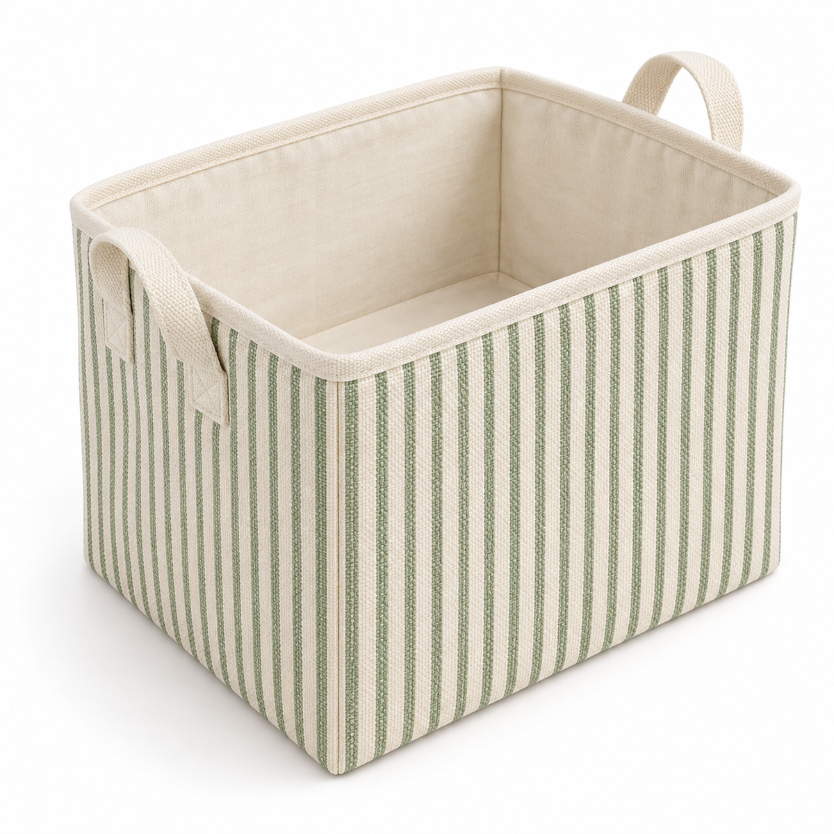 Sage Stripe Tall Fabric Storage Basket on a white background