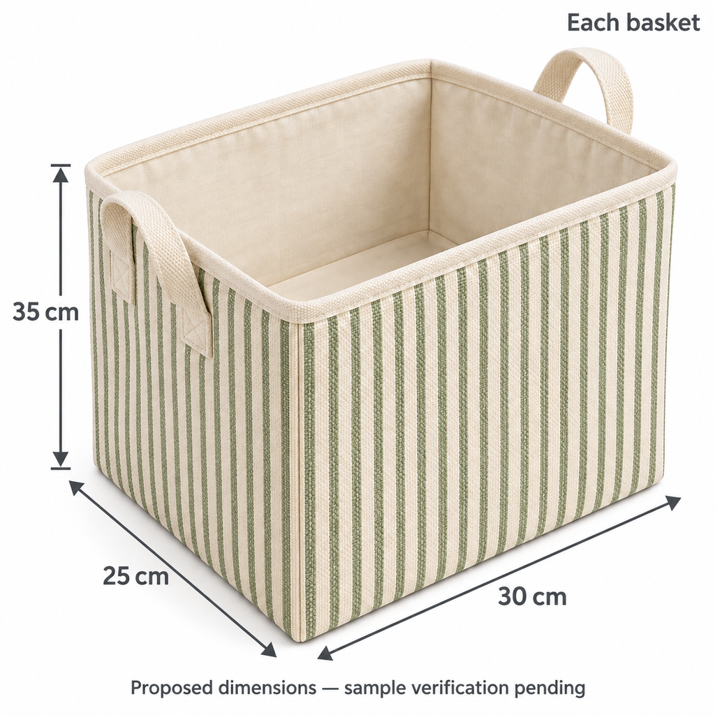 Sage Stripe Tall Fabric Storage Basket showing proposed dimensions