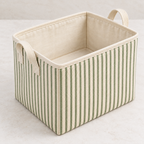 Sage Stripe Tall Fabric Storage Basket showing fabric handles and open interior