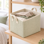 Sage Stripe Tall Fabric Storage Basket in a home storage setting