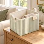 Sage Stripe Tall Fabric Storage Basket in a home storage setting