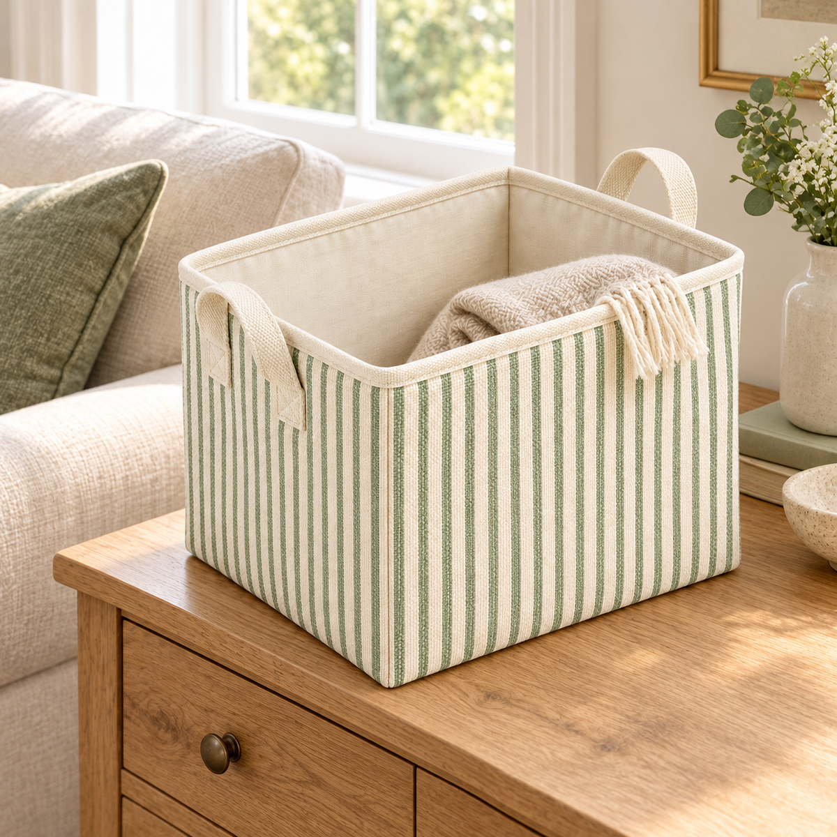 Sage Stripe Tall Fabric Storage Basket in a home storage setting