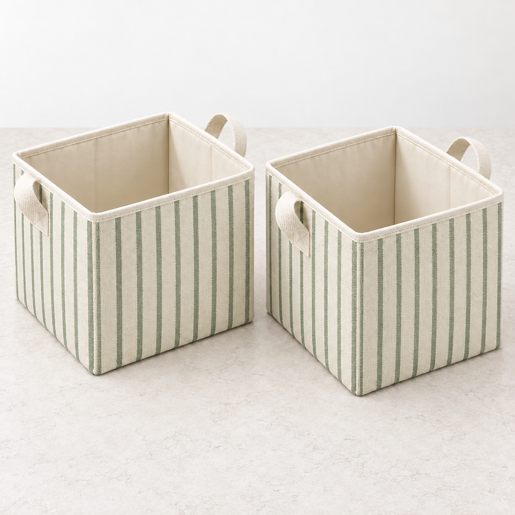 Sage Stripe Matching Pair Fabric Storage Baskets, 2-Piece Set showing fabric handles and open interior