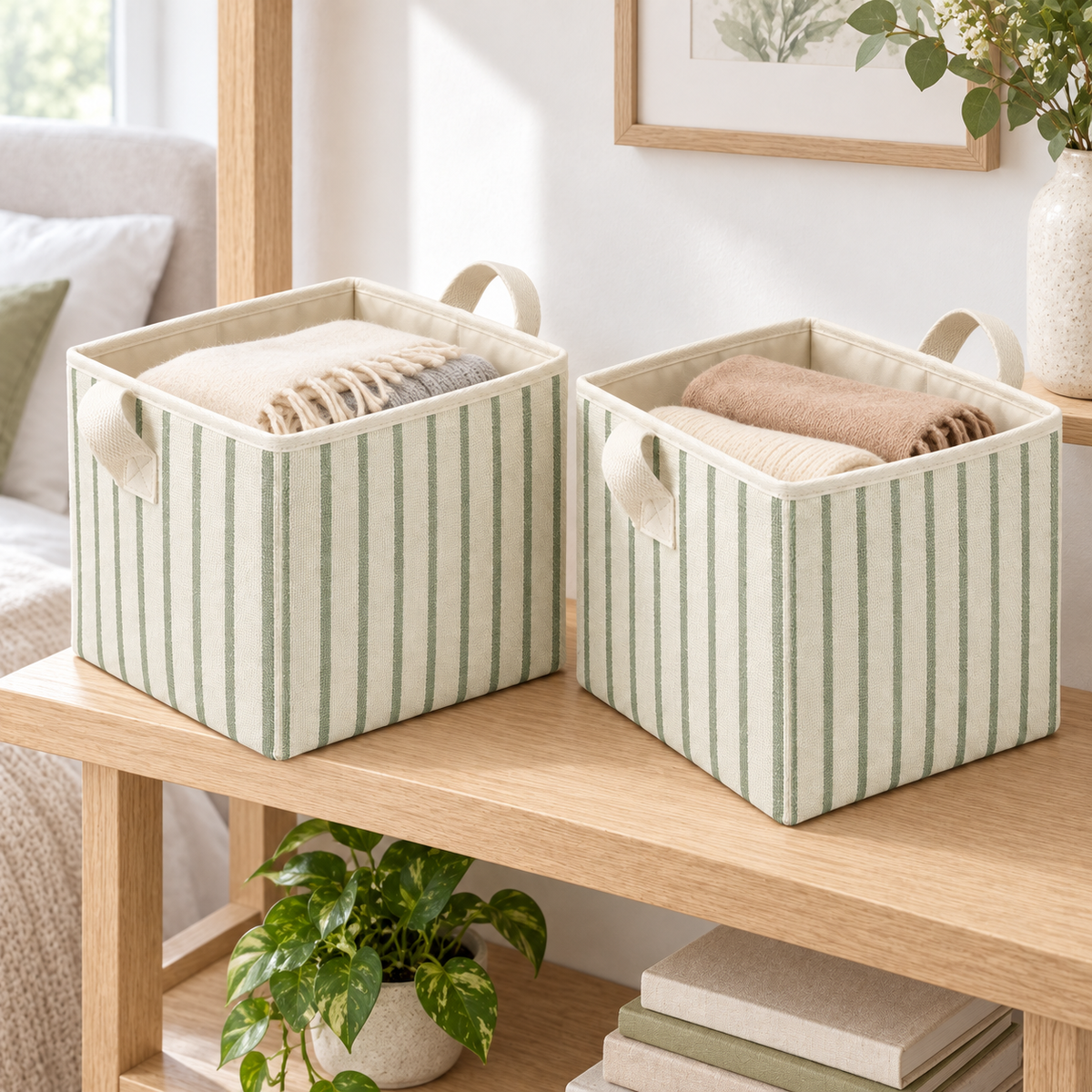 Sage Stripe Matching Pair Fabric Storage Baskets, 2-Piece Set in a home storage setting