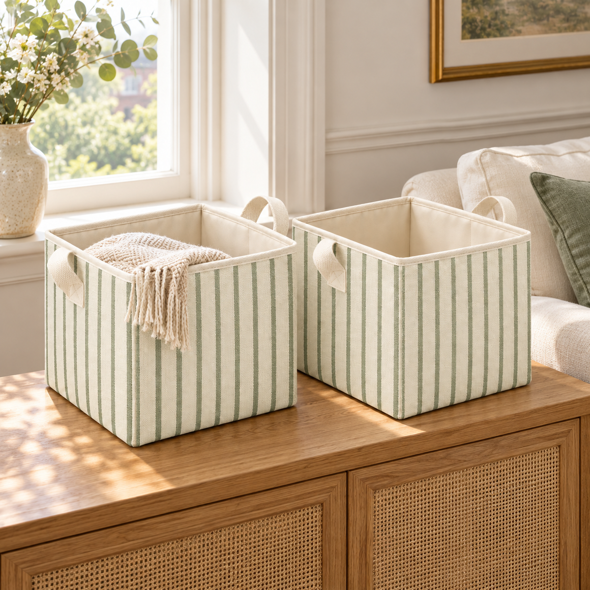 Sage Stripe Matching Pair Fabric Storage Baskets, 2-Piece Set in a home storage setting