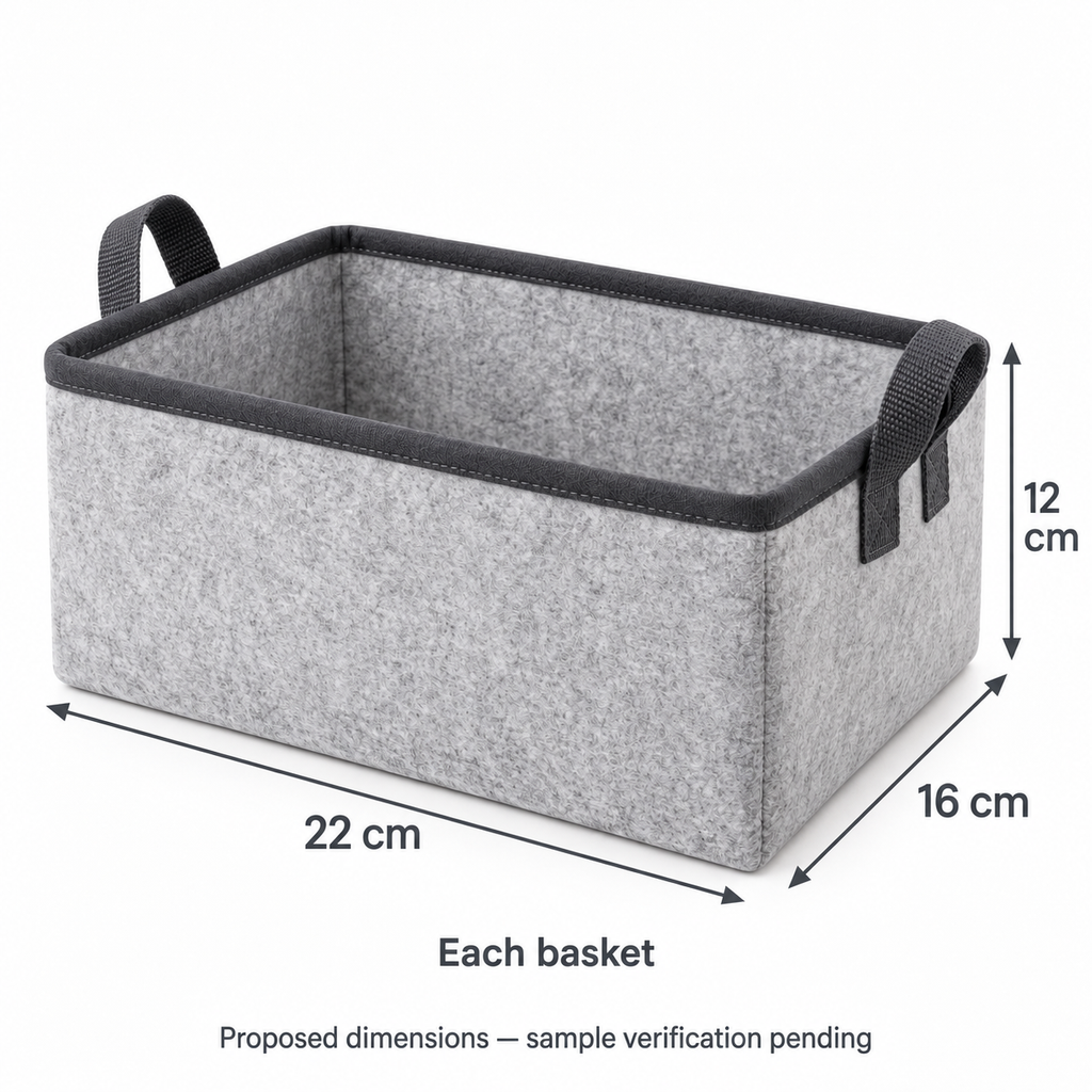 Slate Minimal Small Desktop Fabric Storage Basket showing proposed dimensions