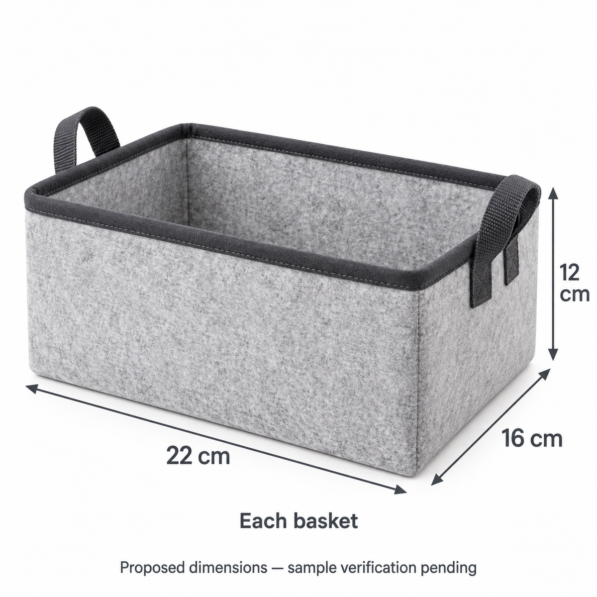 Slate Minimal Small Desktop Fabric Storage Basket showing proposed dimensions