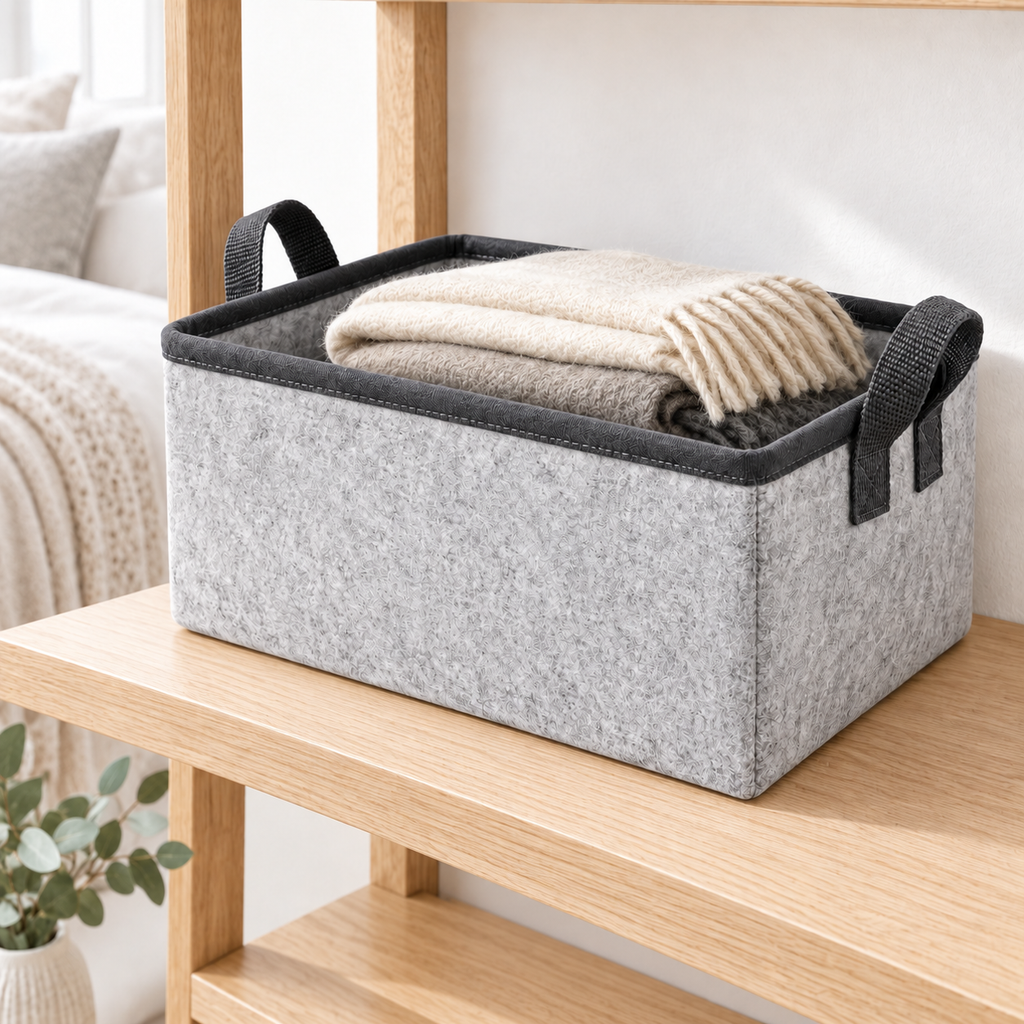 Slate Minimal Small Desktop Fabric Storage Basket in a home storage setting