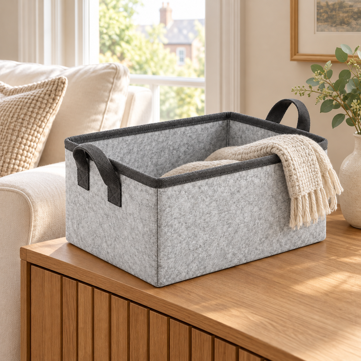 Slate Minimal Medium Shelf Fabric Storage Basket in a home storage setting