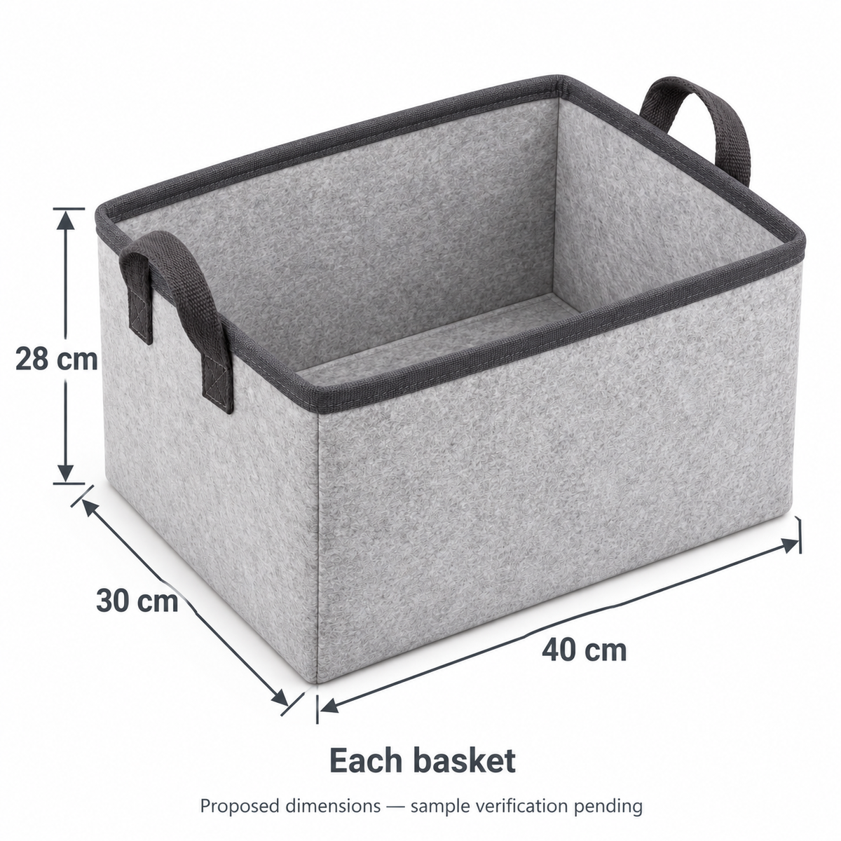 Slate Minimal Large Wardrobe Fabric Storage Basket showing proposed dimensions