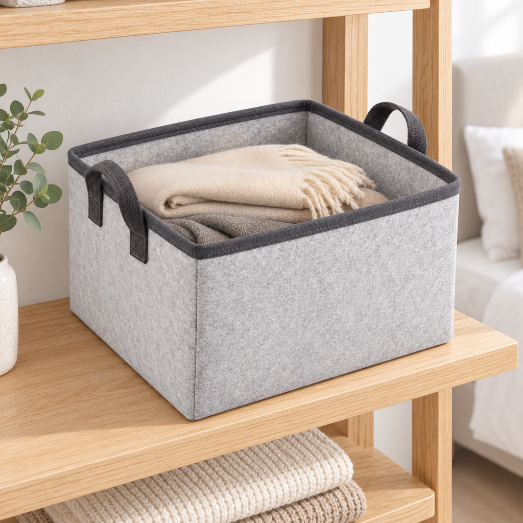 Slate Minimal Large Wardrobe Fabric Storage Basket in a home storage setting