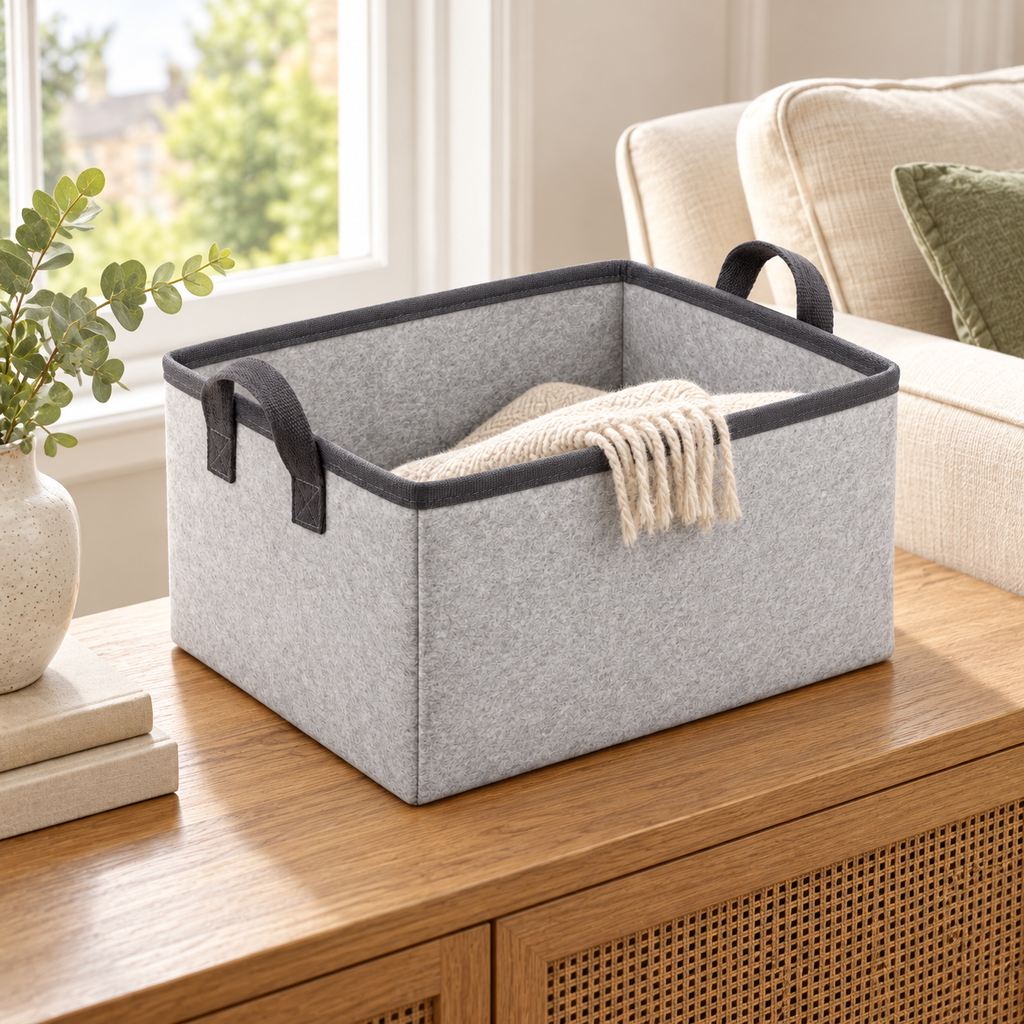 Slate Minimal Large Wardrobe Fabric Storage Basket in a home storage setting