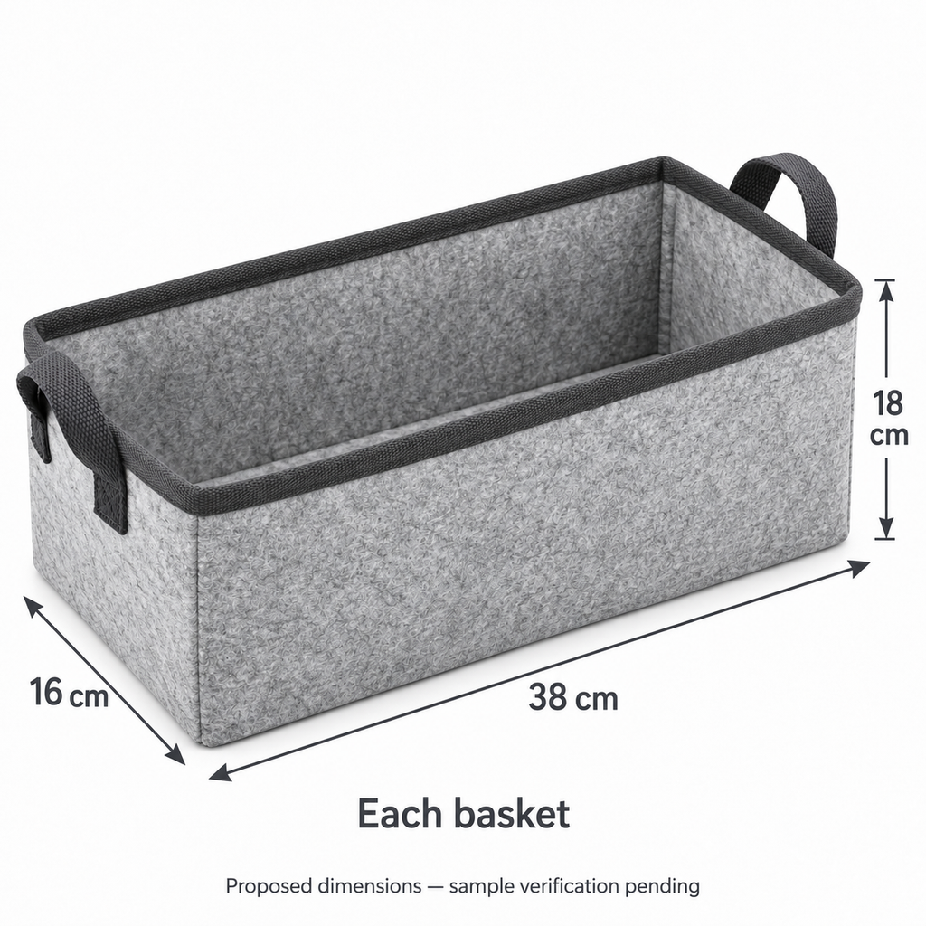 Slate Minimal Narrow Long Fabric Storage Basket showing proposed dimensions