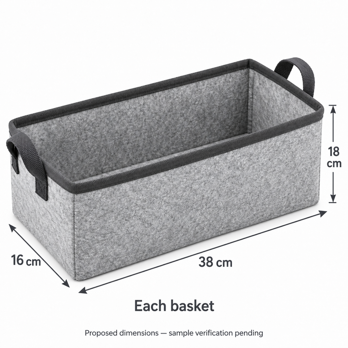 Slate Minimal Narrow Long Fabric Storage Basket showing proposed dimensions