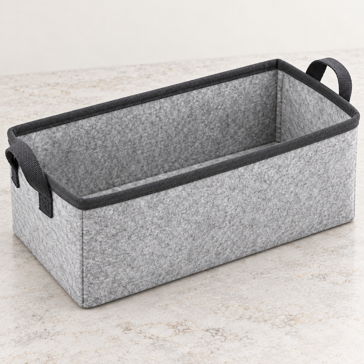 Slate Minimal Narrow Long Fabric Storage Basket showing fabric handles and open interior